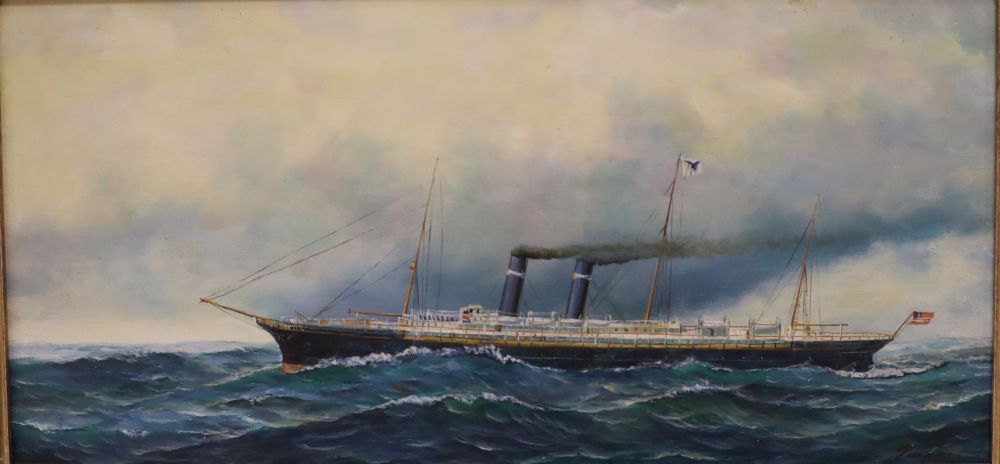 A pair of modern oils on board of American steamships, indistinctly signed, 14 x 29cm